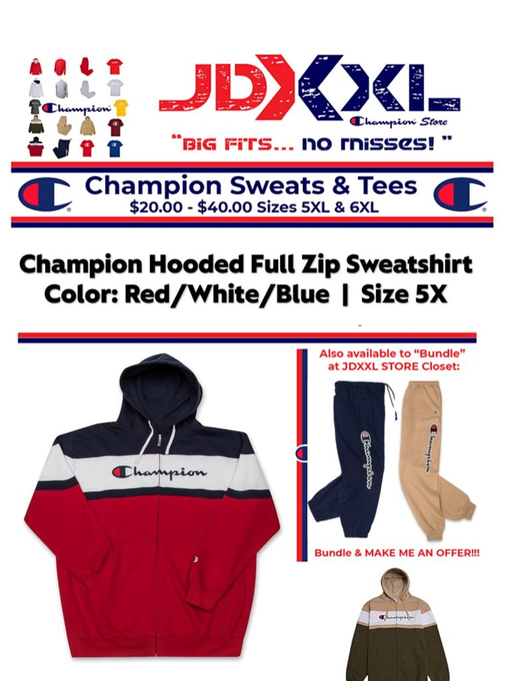 Champion full zip hooded sweatshirt | Red white and blue | 5XL